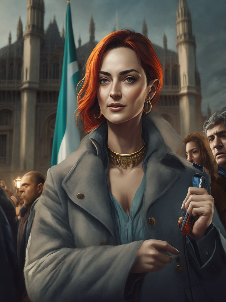 A photorealistic illustration of the Italian prime minister, Giorgia Meloni, making a speech in front of the Italian Parliament. She is speaking about the decision to leave the BRI, and the crowd is cheering in the background.