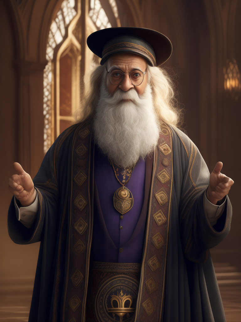 Professor dumbledoor in a Bollywood outfit in a photo realistic styled illustration