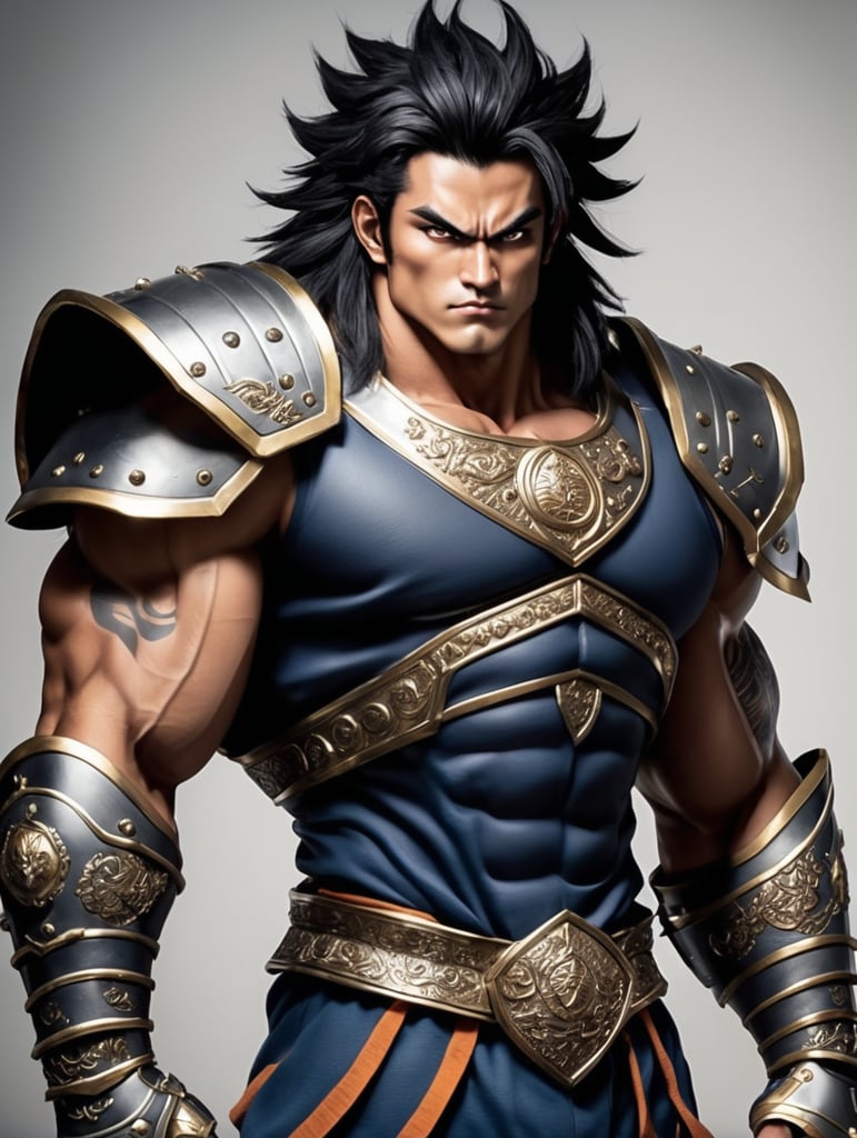 Garlisk is a Saiyan with wild dark hair, piercing dark eyes, and a masculine-toned body. He often dons traditional Saiyan armor, showcasing his heritage and pride.