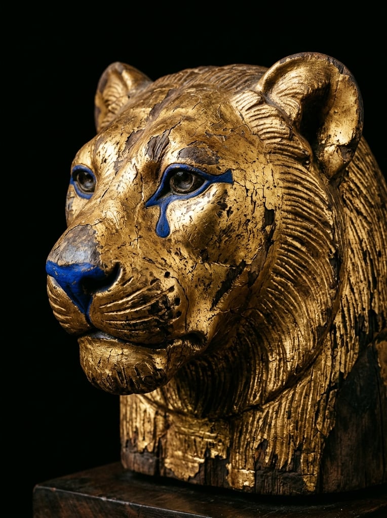 close-up three-quarter profile of an ancient gilded lioness head sculpture, solid black background, weathered metallic gold surface, fine carved lines simulating fur, vivid cobalt blue painted nose, stylized blue teardrop markings around the eyes, rounded ears, cracked gold leaf revealing dark wood underneath, dramatic studio lighting emphasizing rich textures, reflective metallic sheen, high contrast