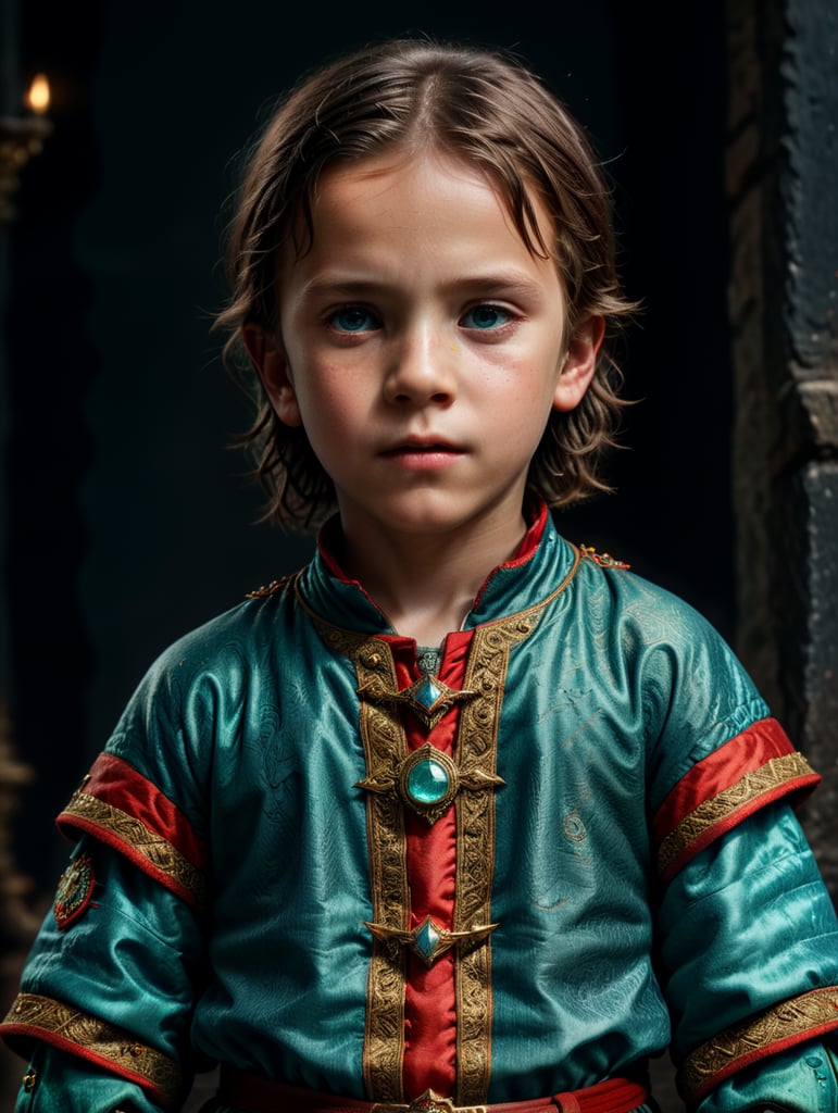 Portrait of child, half lenght, medieval clothes, Wes Anderson style, Incredibly high detail, Bright colors, turquoise green, light blue and red colors,
