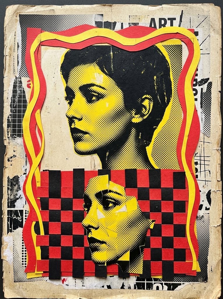 mixed media paper collage, yellow and black halftone portrait framed by wavy red and yellow cutouts, woven black and red paper checkerboard overlaid with a fragmented yellow halftone profile face, tactile pop art aesthetic, high contrast