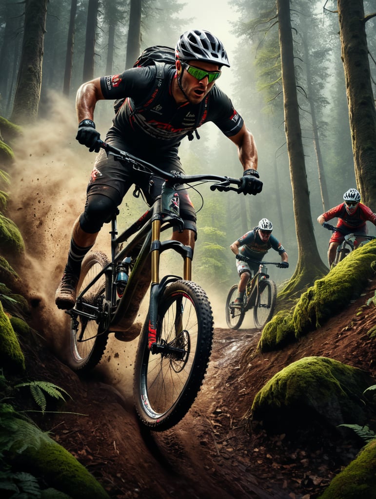 Person falling off their mountain bike mid race in a forrest