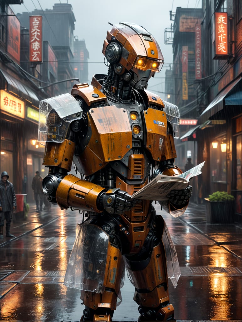 A robot wearing a transparent raincoat, standing outside in the rain and reading a newspaper, rusty and worn out, on a dystopian cyberpunk street, photorealistic urban punk, dark atmosphere with bright accents, contrast lighting