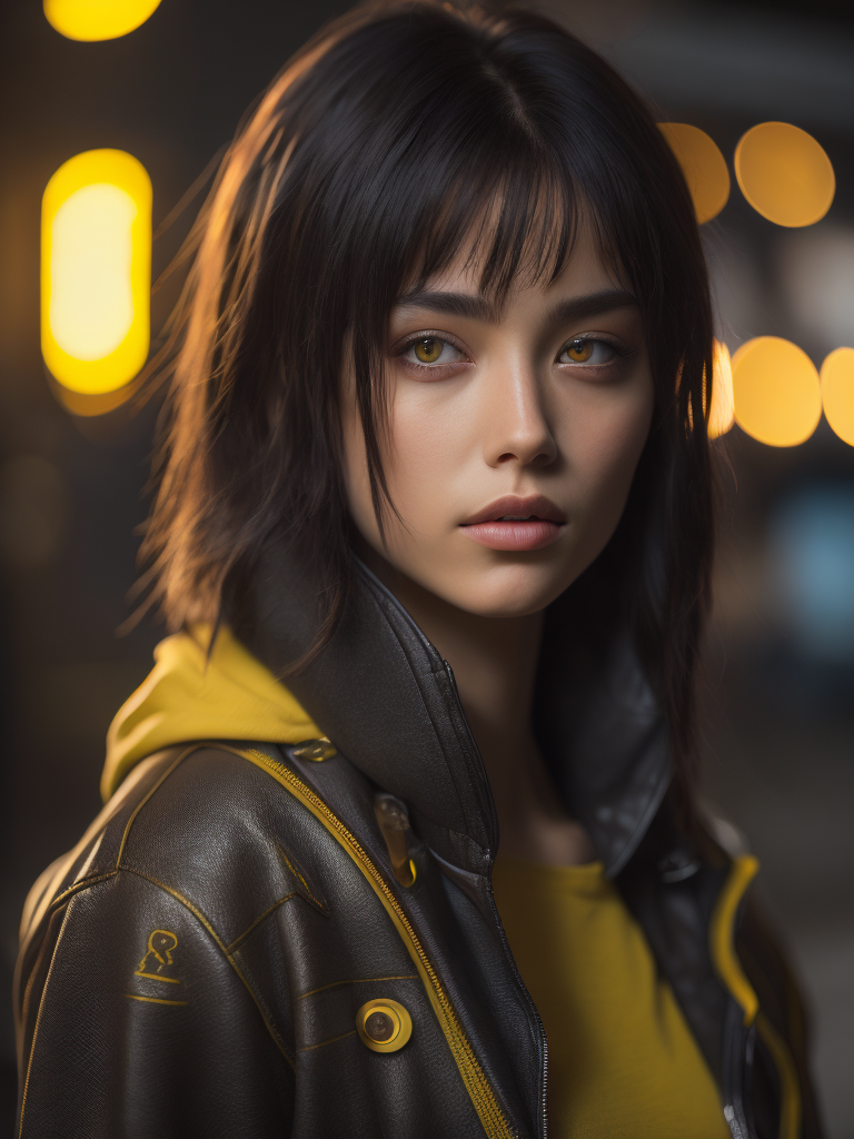 (masterpiece:1.2), (best quality:1.2), (ultra highres:1.2) ,(8k resolution:1.2), Cyberpunk, mechanical girl, black hair, yellow eyes, petite, cute, dog action, thin, black and yellow color,
