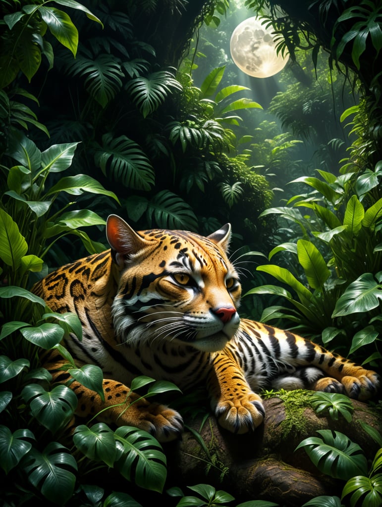 An ocelot sleeping under the bushes of the tropical rainforest, softly light comes from a full moon.