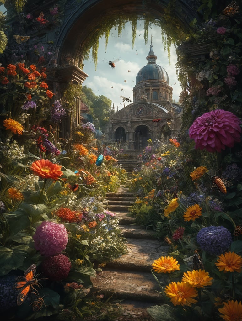 Colorful gardon scene with flowers and bugs