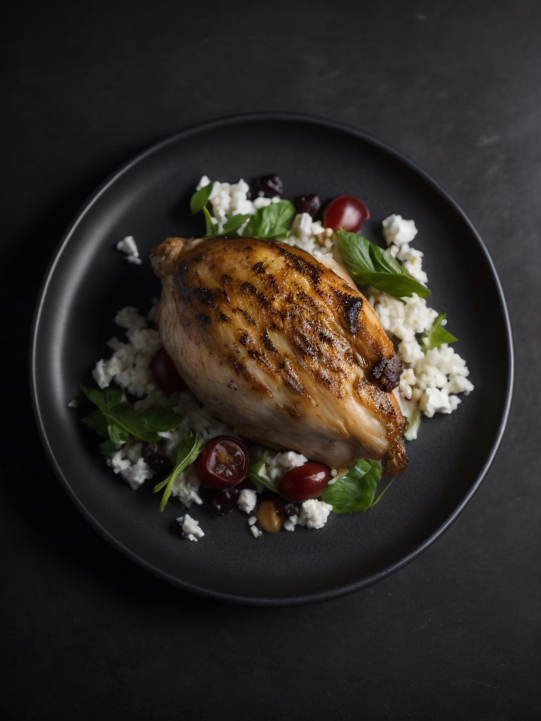 Chicken and Goat Cheese dish, photo, top view, dark plate, dark table