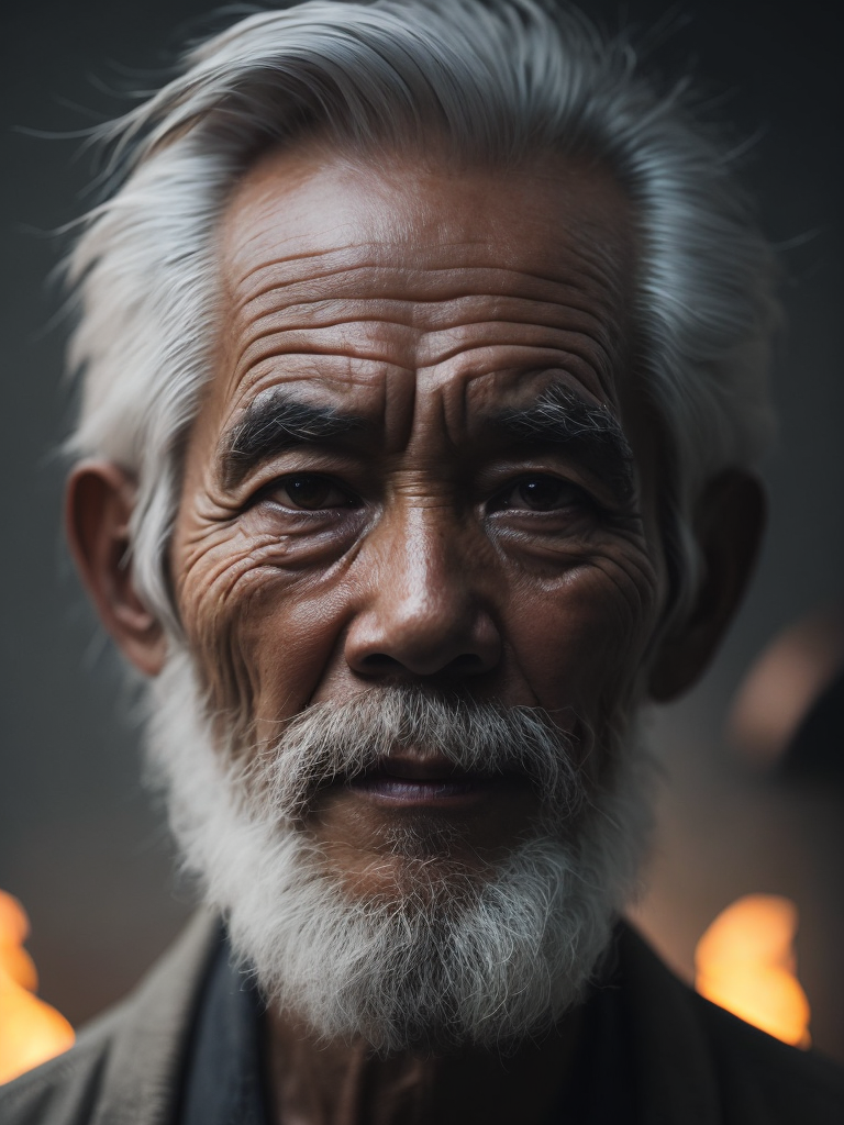 A close-up of a Vietnamese old man's face, illuminated by the light of a fire, with a backdrop of a dirty river and a shanty town.