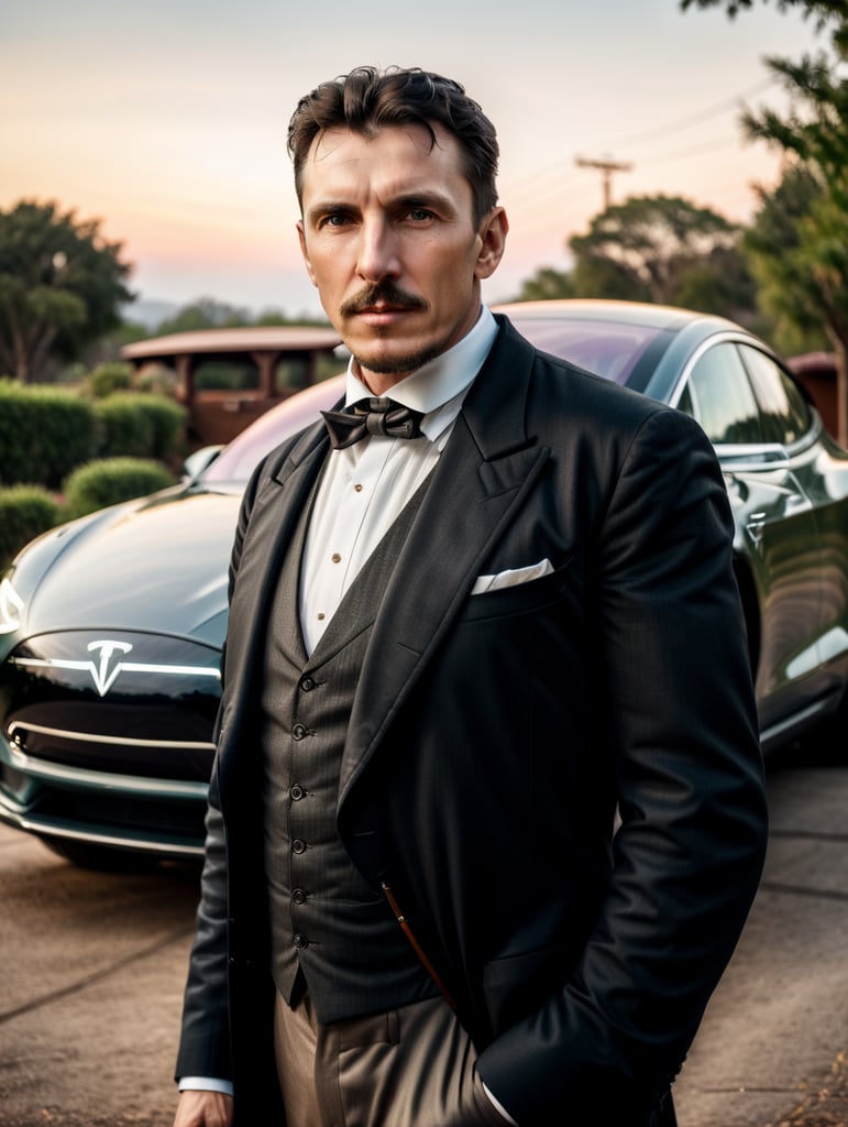 Nikola Tesla looks directly into the camera, with a Tesla car standing behind him.