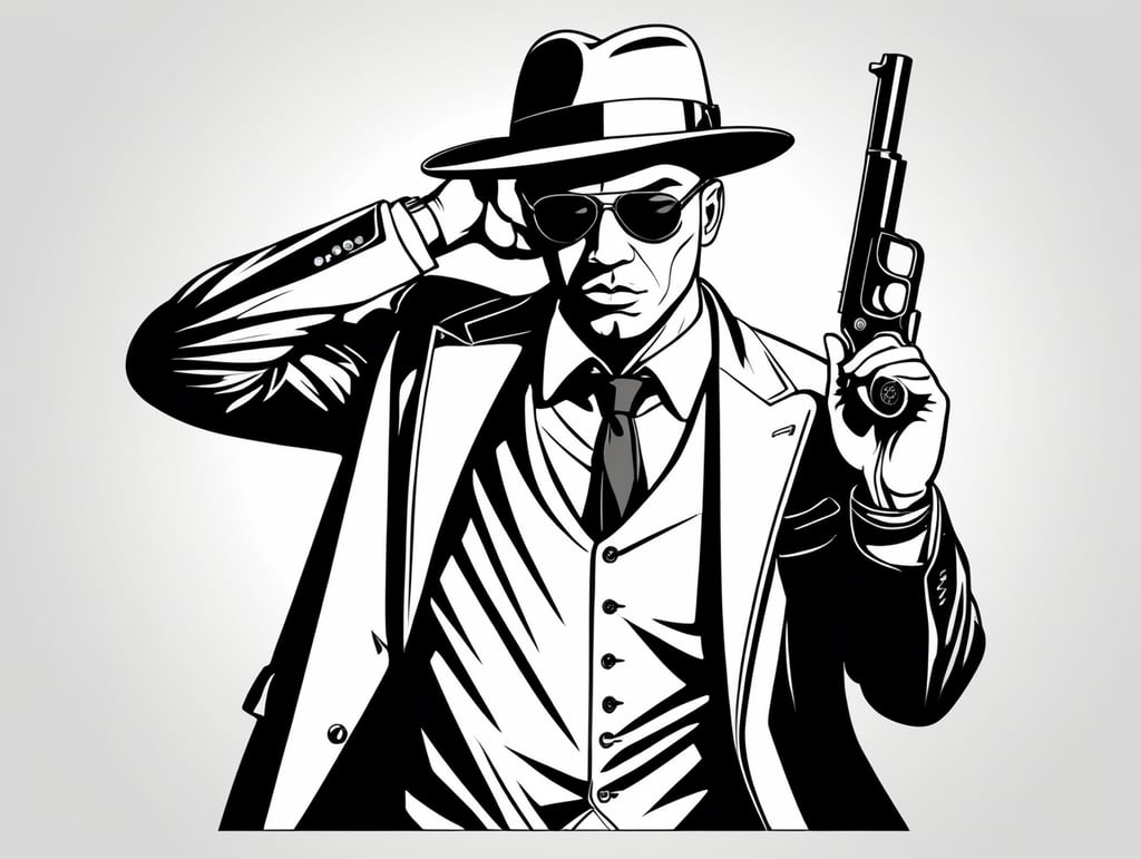A gangster character, in the style of basic simple line art vector comic art on white background