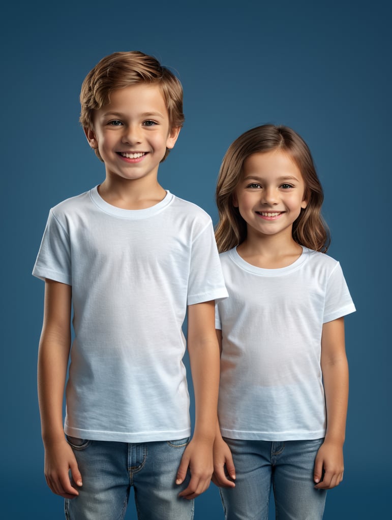 a boy and girl wearing white t-shirts, standing in front of blue background, blank shirts no print, 16 years old smiling toddlers, photo for apparel mock-up