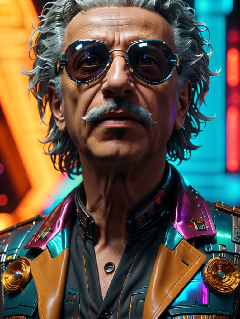 holographic, cyberpunk, Albert Einstein, Max Headroom style