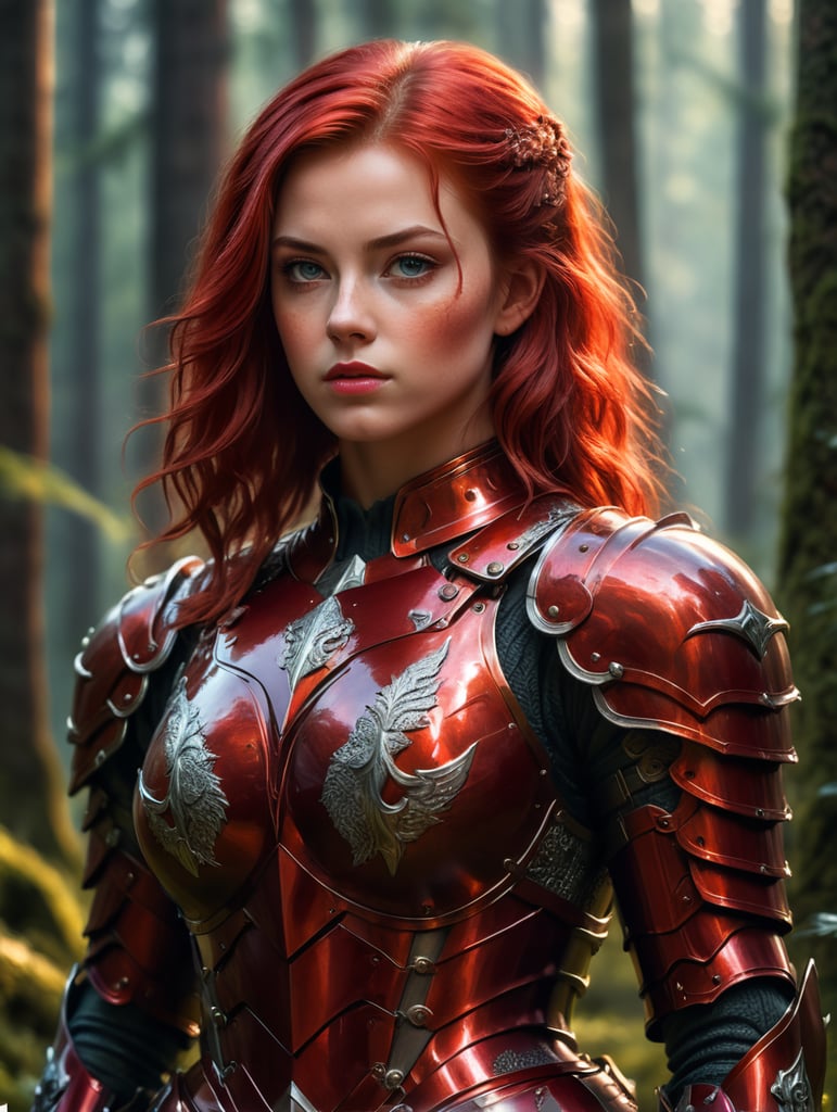 A young beautiful girl in red armor and red hair against the backdrop of a forest in red-burgundy tones, blurred background, focus on the girl, detailed armor, Dramatic Lighting, Depth of field, Incredibly high detailed