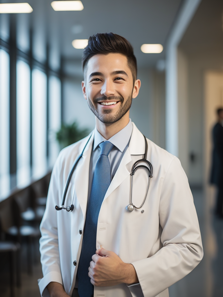 happy doctor in hospital lobby, bright daylight, ultra-realistic, sharp focus, detail, 70mm, cinematic, film, realistic, photography