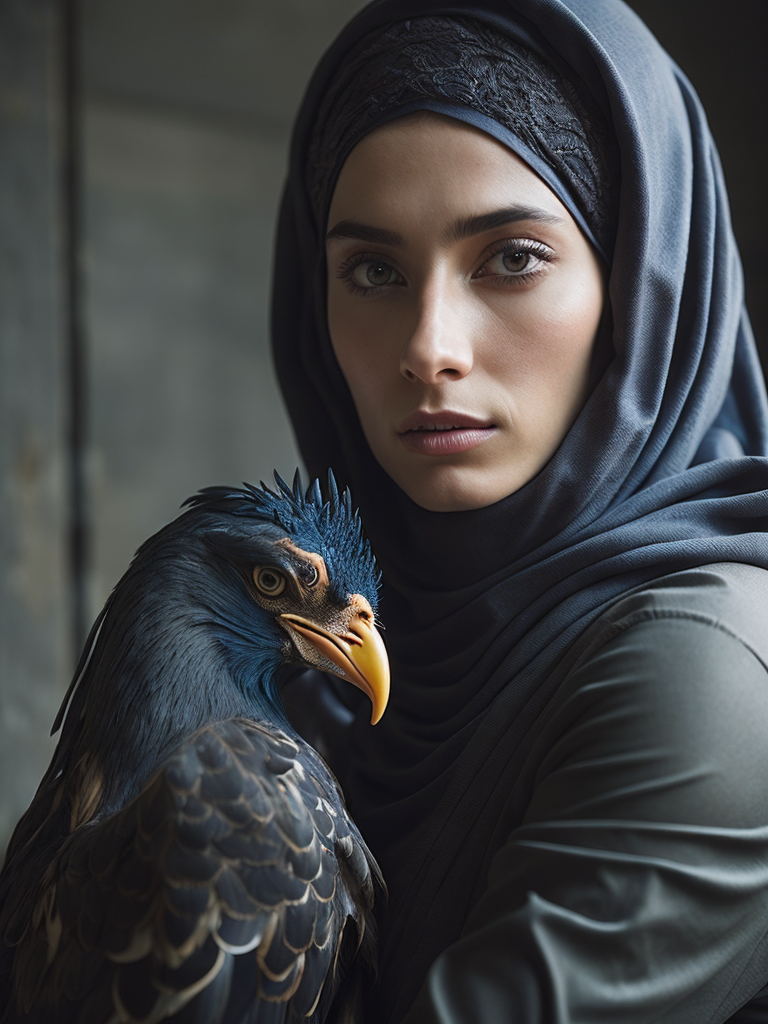 hyper-realistic, ultra-detailed photograph Portrait of a Beautiful women from wearing black niqab hijab hugging a Rooster in the Renaissance ottoman mosque background, detailed gorgeous face,