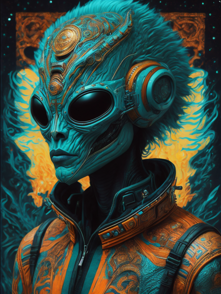 Portrait of an alien, batik, intricate details, surreal, Alien, Cyberpunk Trashcore Style, turquoise and orange, s 1000