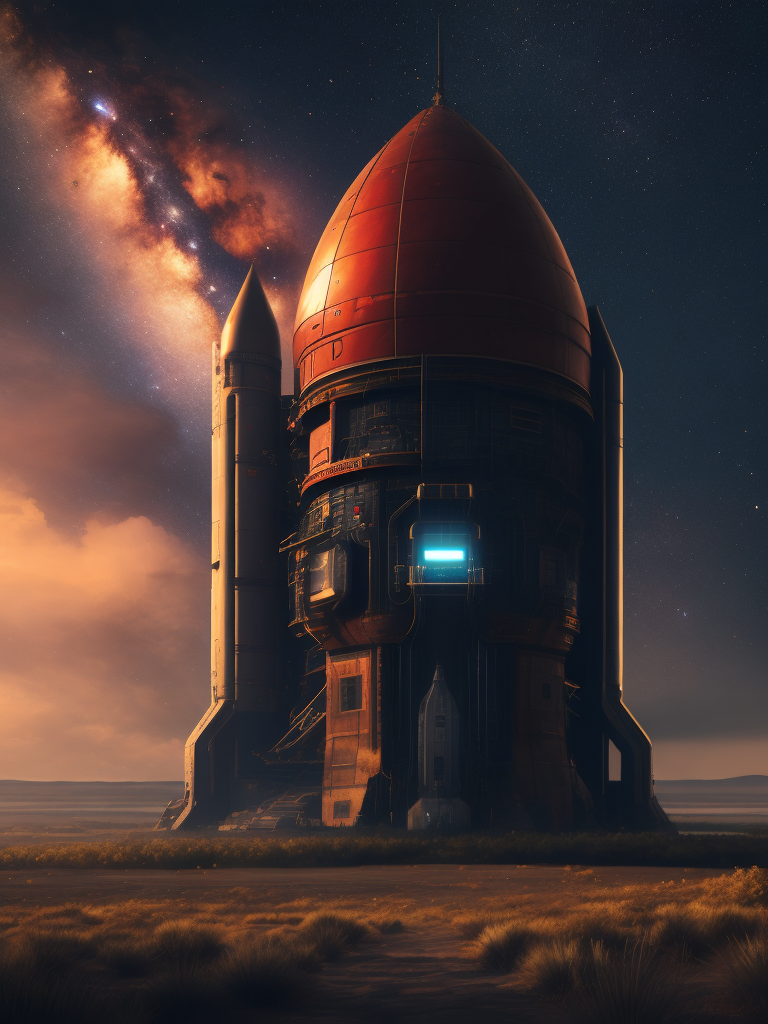 very high quality launch pad with space ship with red landscape and starry sky