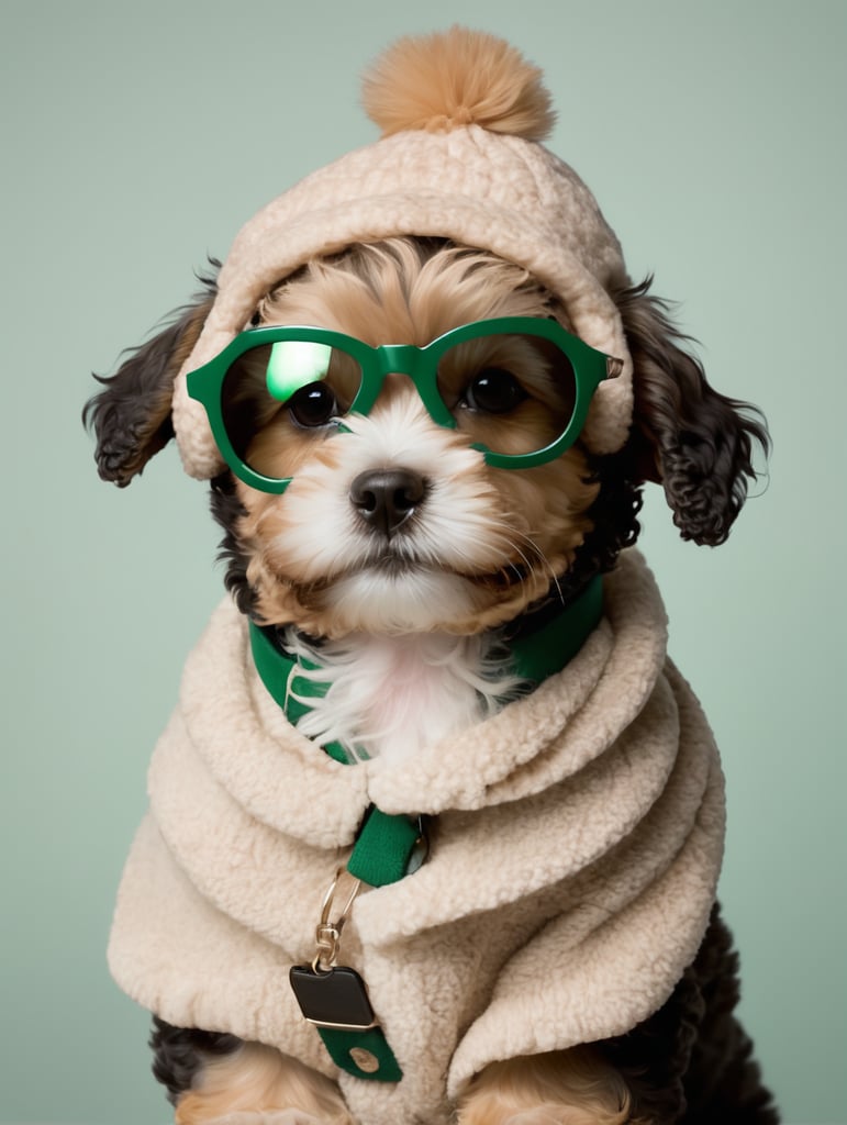 portratit Maltipoo puppy in apricot color wearing green sunglasses