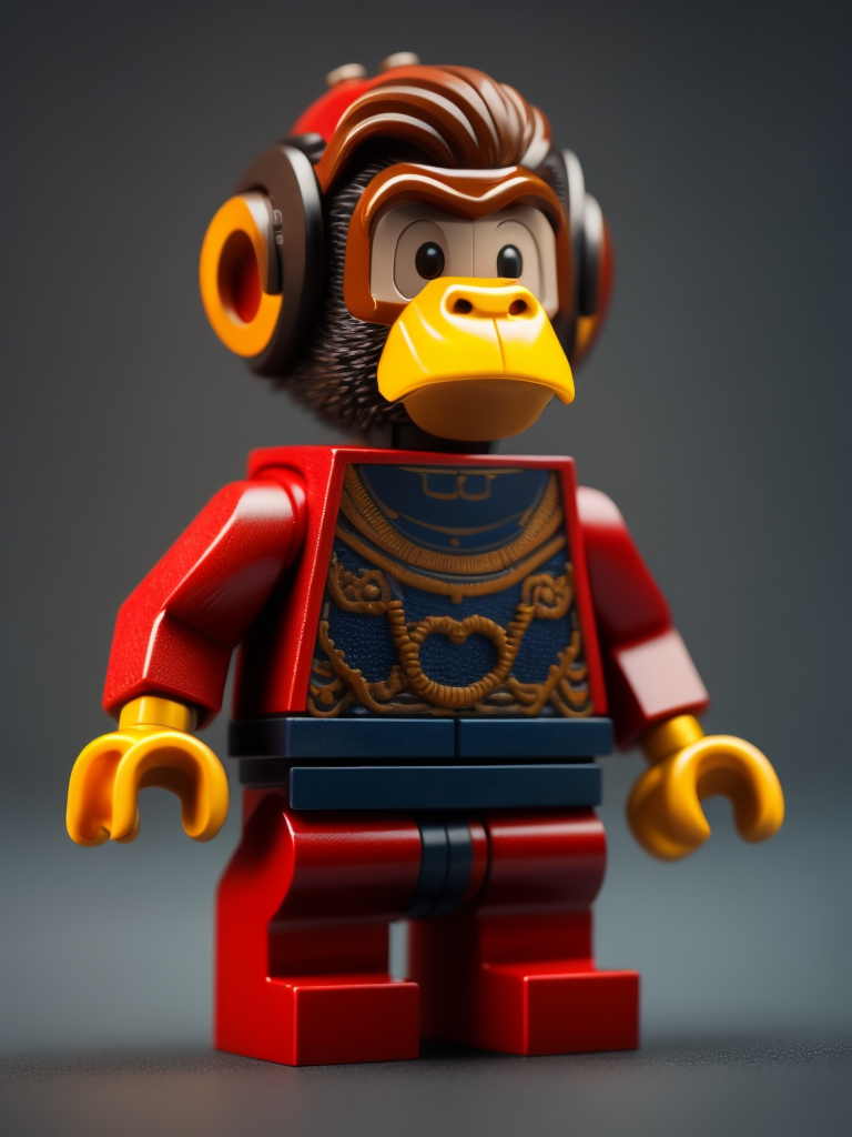 monkey lego figure style, gradient background, Vibrant colors, Depth of field, Incredibly high detail, 8k, full body