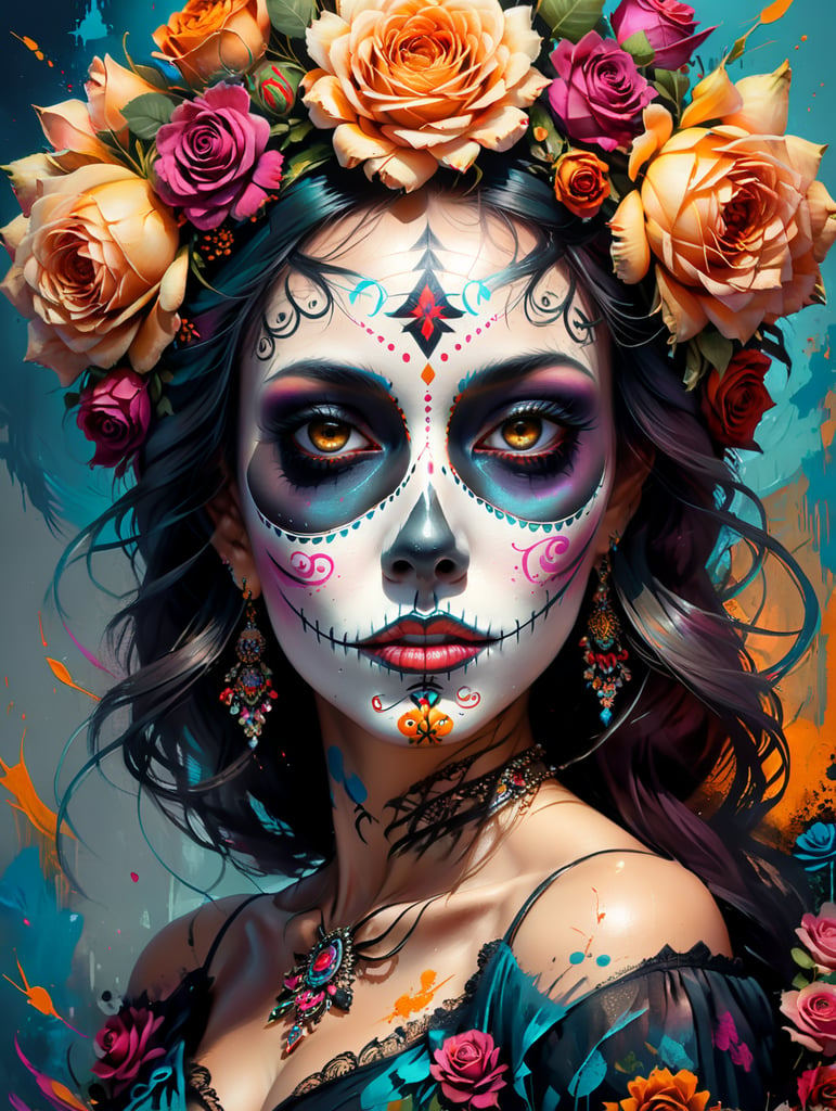 Portrait of Mexican beautiful catrina with roses on head Sugar skull makeup for day of dead in Mexico Dia de los muertos