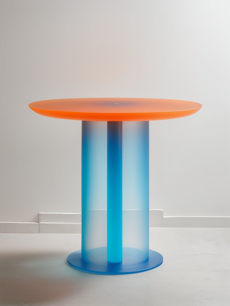 A contemporary minimalist semi-translucent silicone table with vibrant cyan blue and orange gradient colors as if designed by hi studio.