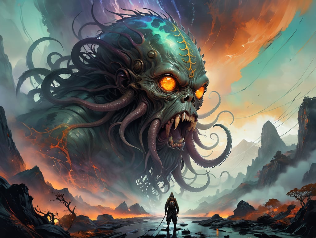 A person losing his mind while witnessing a massive gigantic colossal immense Lovecraftian Cthulu-like cosmic horror evil deity crossing a dark foggy landscape