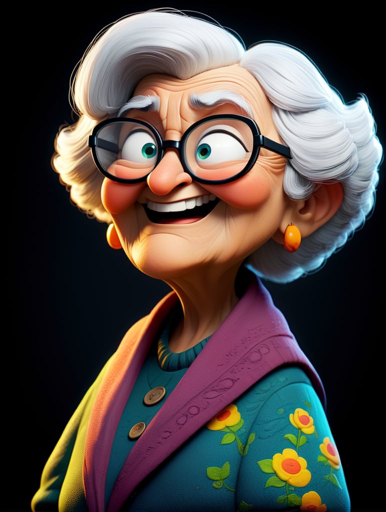 old women character with black glasses, cartoon, isolated, black background