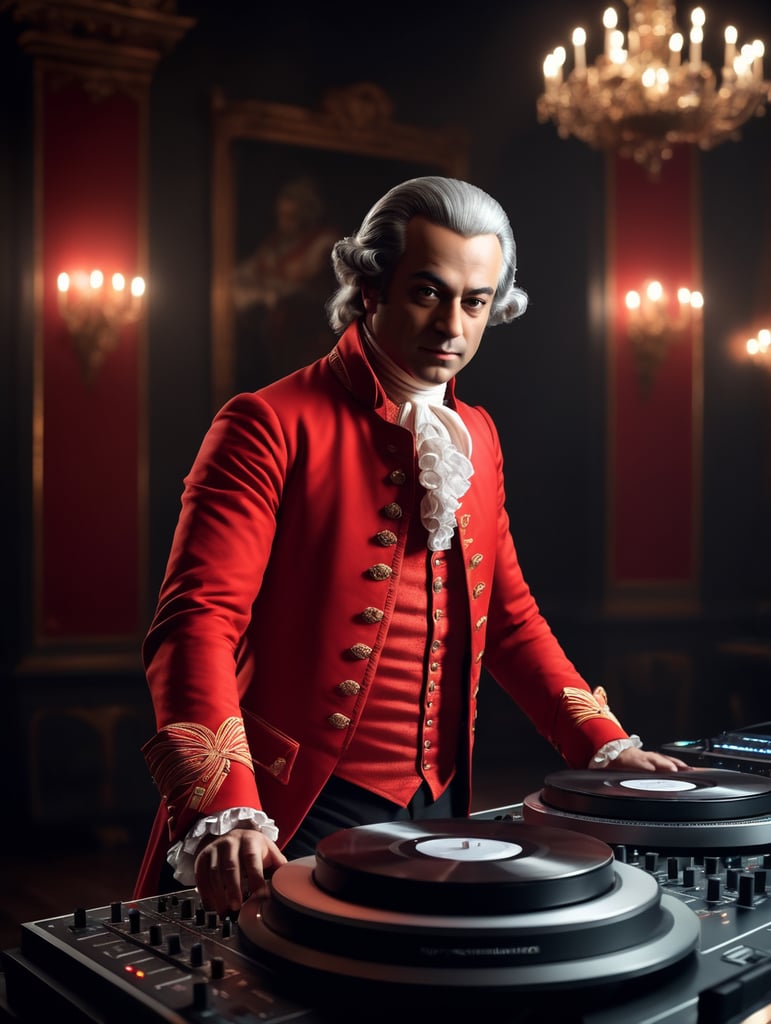 Wolfgang Amadeus Mozart in a 18th century red suit making music on a DJ table, Against the background of the interior of the palace full of guests, studio photo, professional photo, Bright and rich colors, Detailed image, detailed face,