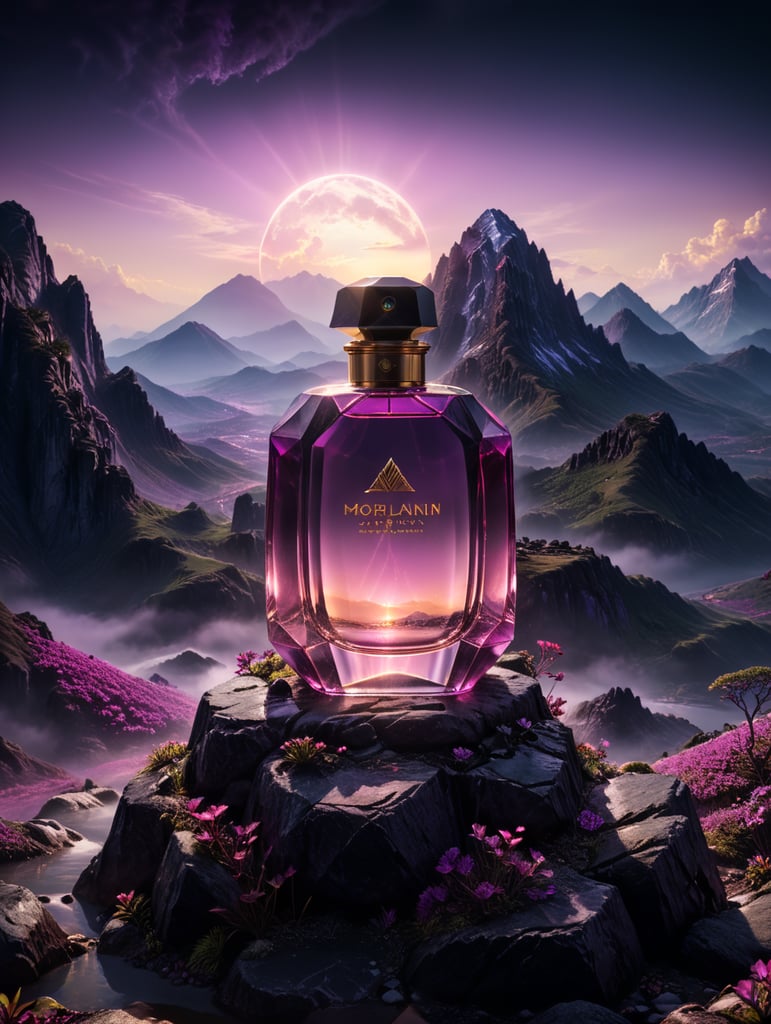 professional photography of a luxury perfume, retrowave landscape, purple neon lights, sun, mountain in the middle, fantasy world look, high dynamic range color, strong highlight, volumetric light, no label, clear, mockup