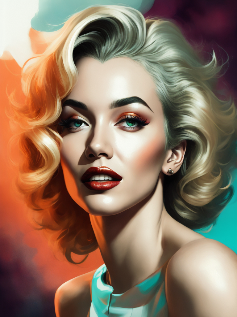 Portrait of Marilyn Monroe, ultra realistic, blonde hair, white dress, bright makeup, gradient background,