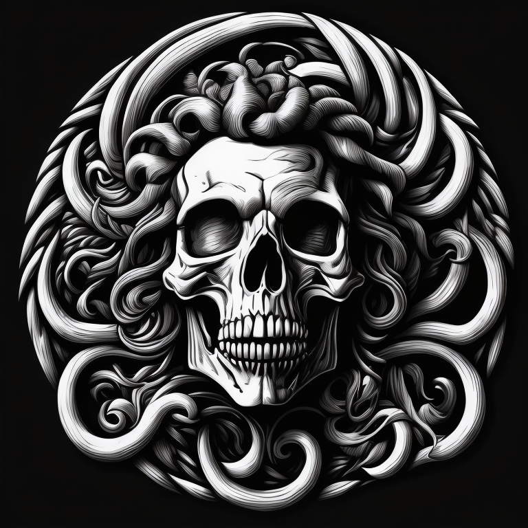 череп медузы Горгоны, черно-белый монохромный рисунок, гравюра, line-art, изолирован на черном фоне