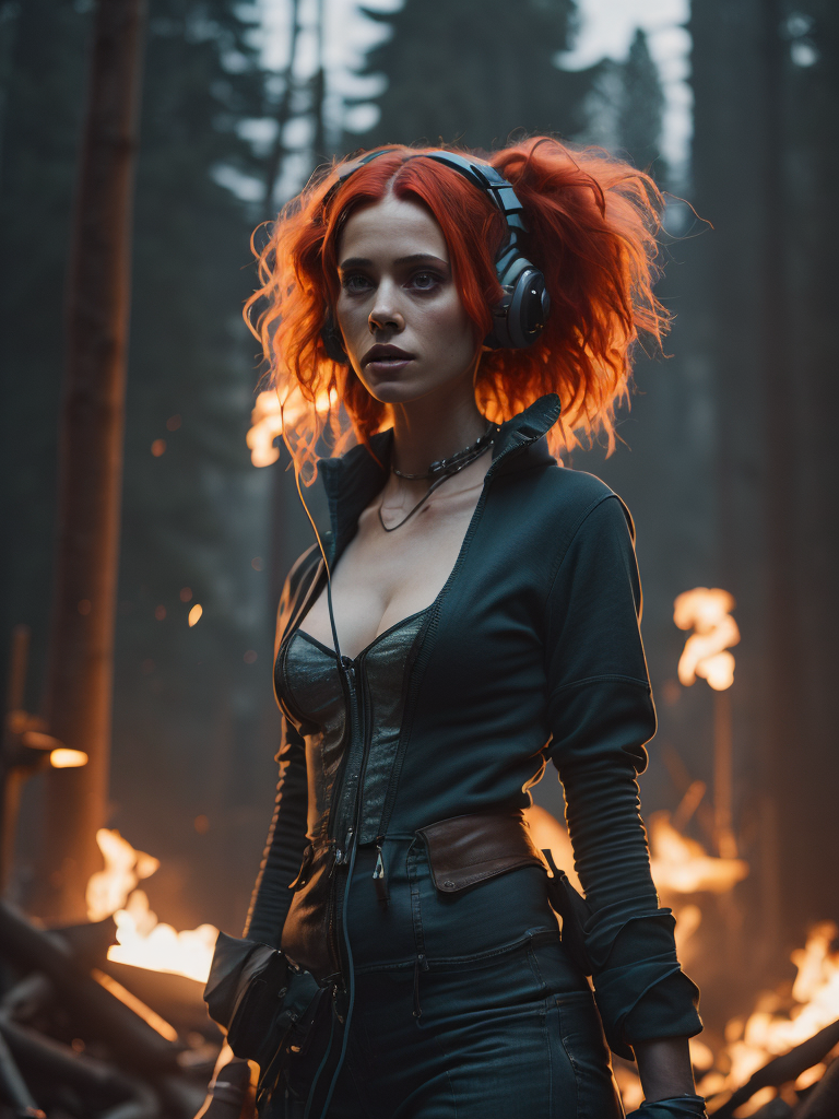 red-haired gamer witch with headphones on a large fire, tied to a pole with yeezys on feet