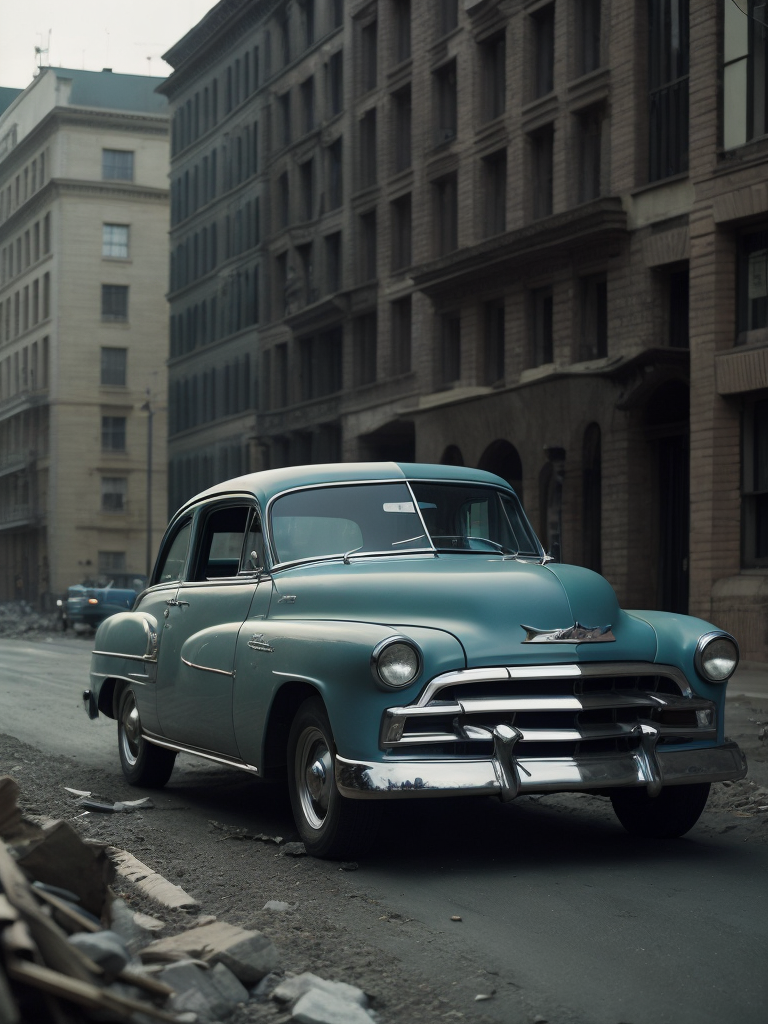 black and white photo of a 1952 Gray Chevrolet goes through bombed city, world war 2