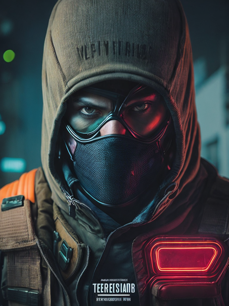terrorist man with mask from counter strike game with ak-47, ultra realism, super detailed, neon colors, magazine cover, professional shot, magazine photography, bright saturated colors, sharp focus, highly detailed