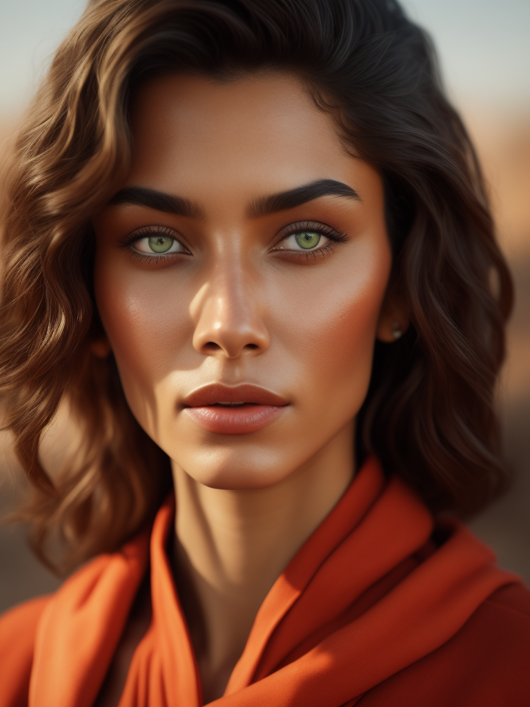 a photorealistic image of an Israeli woman from the Bible, green eyes, olive skin, tanned, extremely detailed, realistic face, natural skin texture, extremely detailed skin with skin pores, peach fuzz, wearing red linen clothes, Israeli beauty, award winning photo, nikon d850 film archival photography, extremely detailed, amazing, fine details, rich color, texture hyper realistic, spectacular lighting, unreal engine, trending on artstation, side view, 3 4 body view, realistic photo, RAW photo, high quality, high resolution, sharp