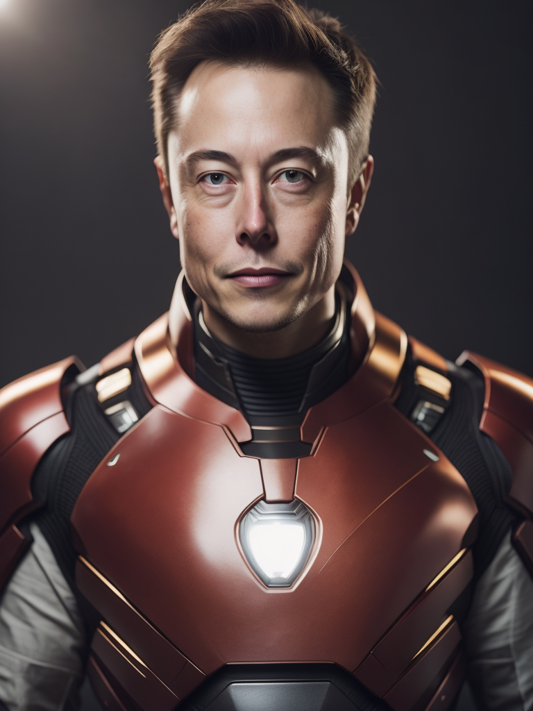 Portrait of Elon Musk in the Iron Man suit from the Marvel Universe, high definition, photography, cinematic, detailed character portrait, detailed and intricate environment,