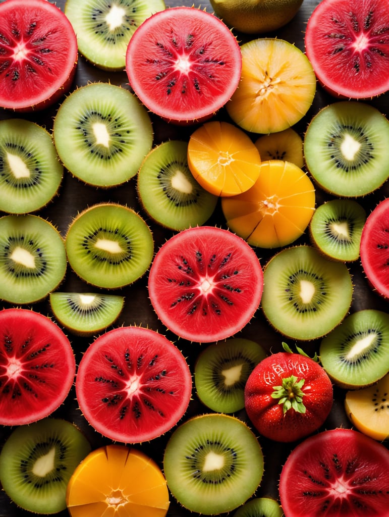 Colorful sliced fruit pieces, top view, watermelon, dragon fruit, kiwi, strawberry