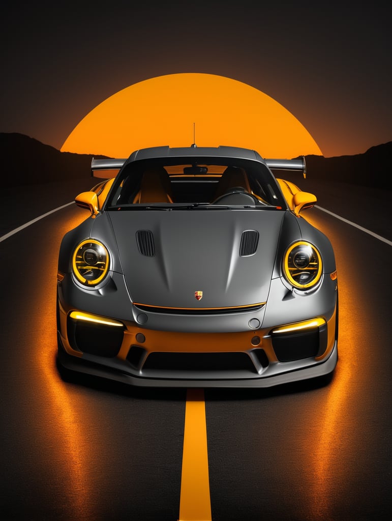 Porsche 911 rsr signal orange dark background yellow road