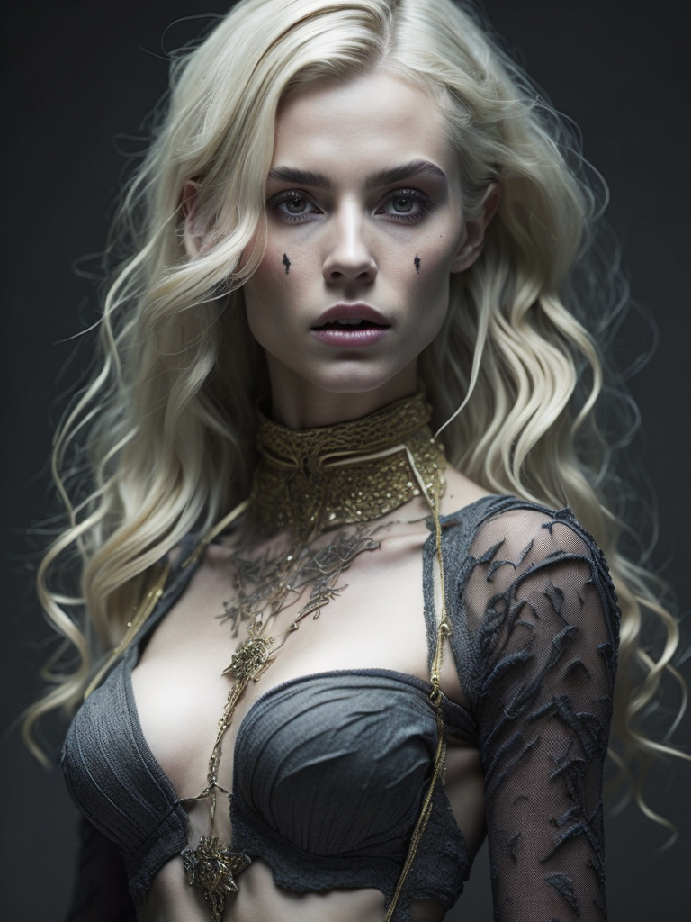 blonde zombie beauty goat horns, gold details, voodoo, pentagram, chains