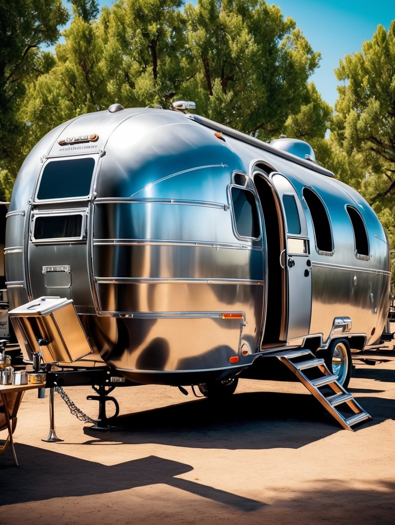 Futuristic alien Airstream camping trailers, steampunk and neon, cyber technology