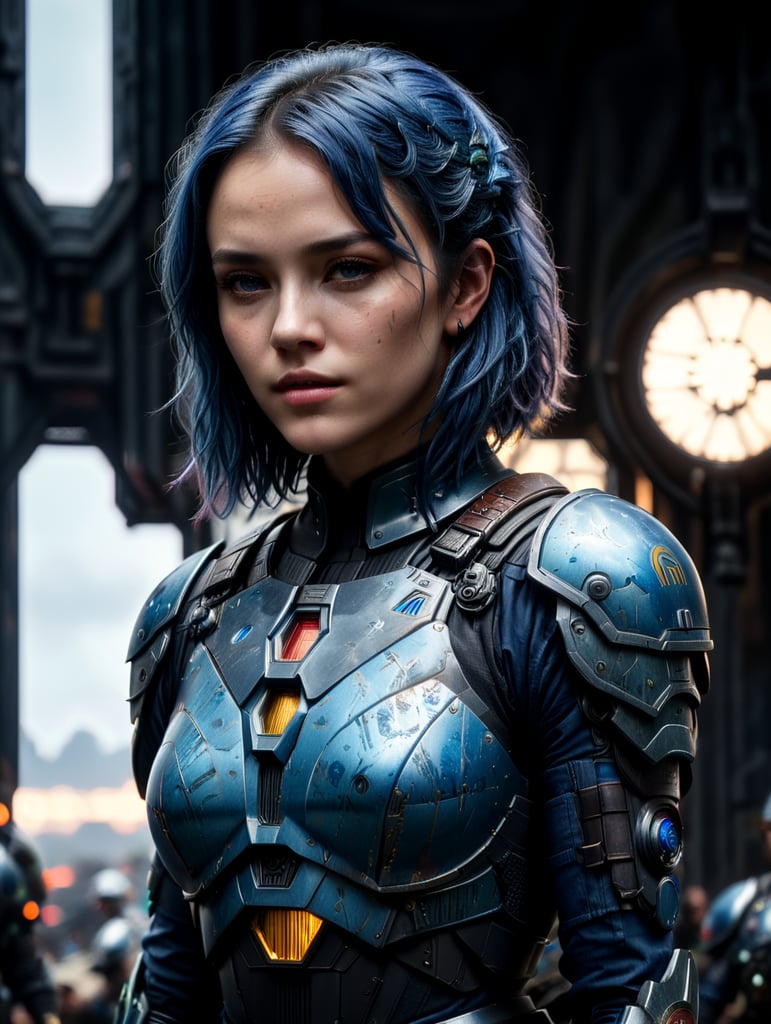 Young female with blue hair with mandalorian armor