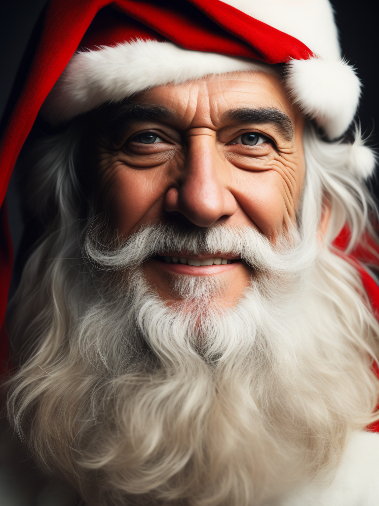 Portrait of happy Santa Claus smiling with bright and saturated colors, elegant, highly detailed, vogue, fashion magazine, sharp focus, bright expressive makeup, dramatic lighting, depth of field, incredibly high detailed, blurred background