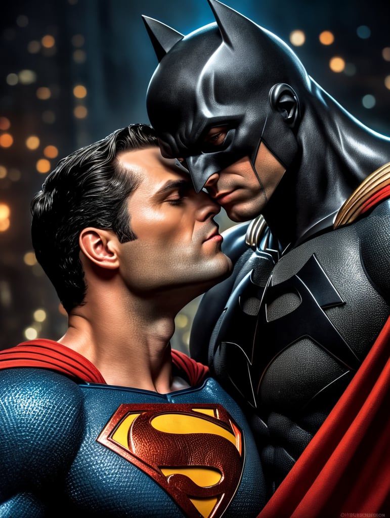 Superman kissing Batman, bright and saturated colors, elegant, highly detailed, vogue, fashion magazine, sharp focus, dramatic lighting, depth of field, incredibly high detailed, blurred background'