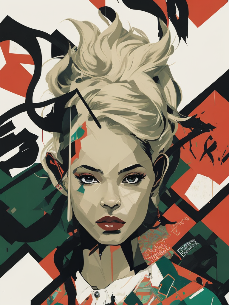 abstract 1998 european blond hiphop girl by sachin teng x supreme, attractive, stylish, designer, green, asymmetrical, geometric shapes, graffiti, street art