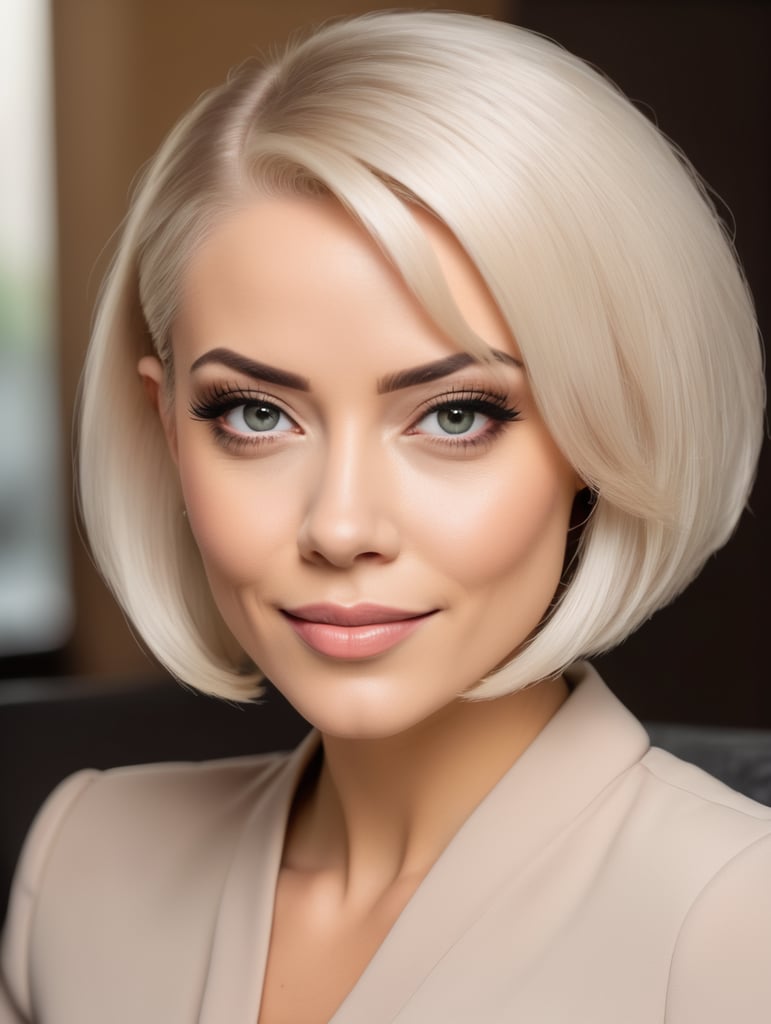 a portrait of a beautiful stylish 40s yo woman looking like elsa jean with blonde platinum bob cut hair, secretary, high heels, mini dress