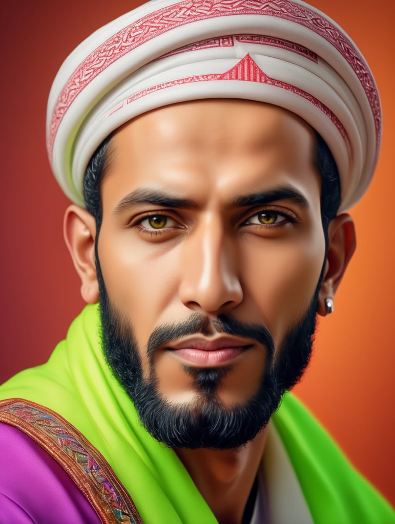 ortrait of muslim men , ultra realism, super detailed, neon colors, magazine cover, professional shot, magazine photography, bright saturated colors, sharp focus, highly detailed