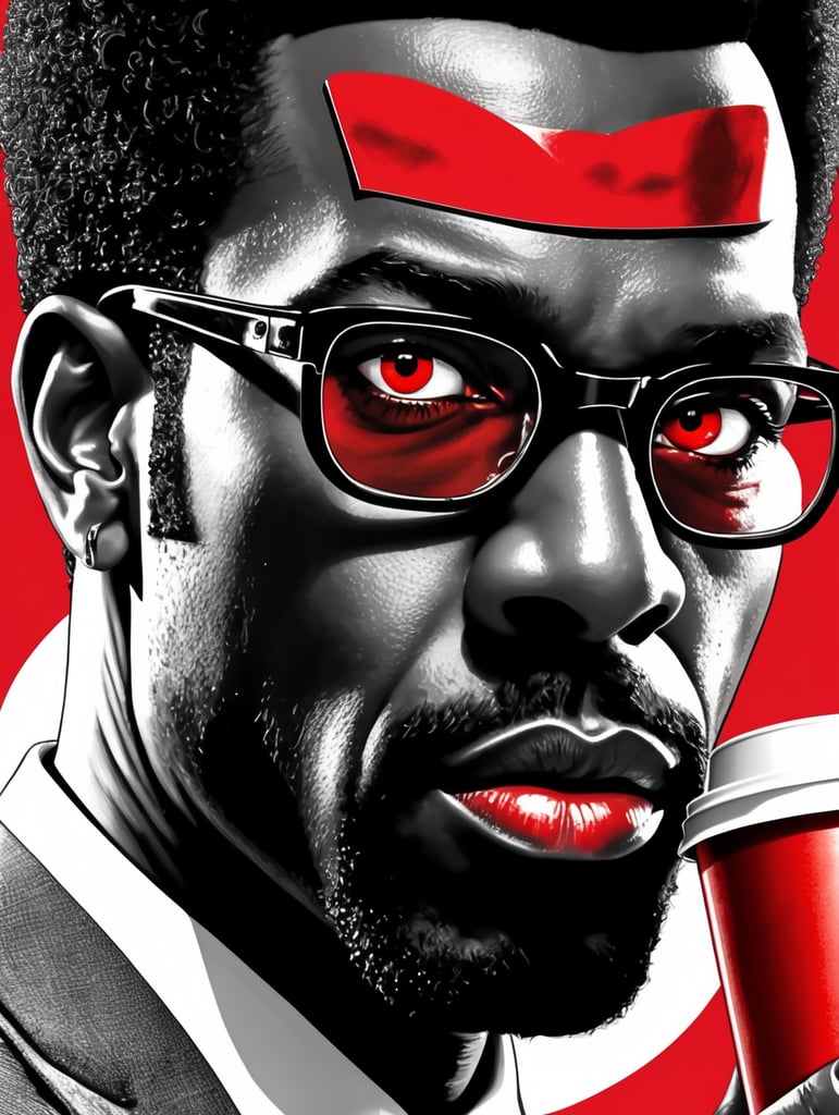 Miami black man holding a red cup eye-catching poster-style drawing and illustration representing the iconic pulp style.