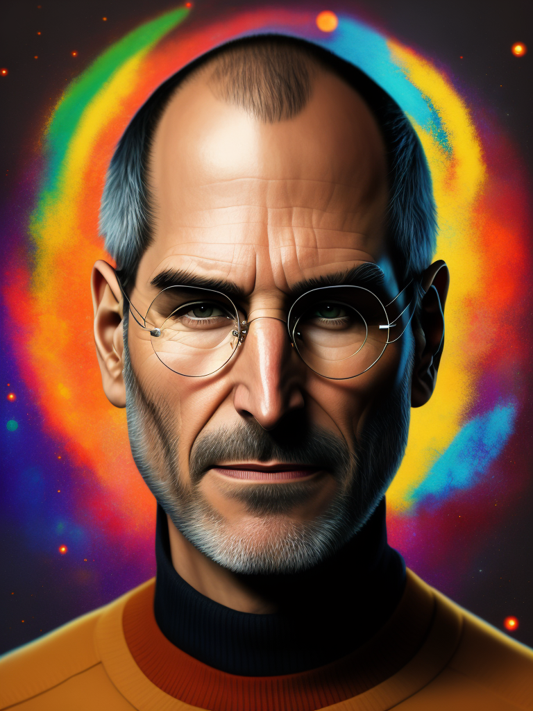 Portrait of Steve Jobs, bright and saturated colors, elegant, highly detailed, vogue, fashion magazine, sharp focus, bright expressive makeup, dramatic lighting, depth of field, incredibly high detailed, blurred background