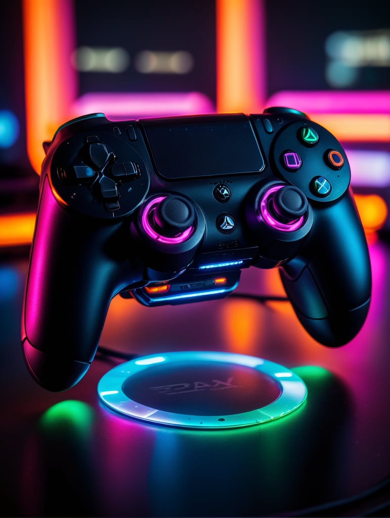 Design a futuristic, neon-colored gaming controller in the style of a playstation controller, glowing neon, semitransparent, deep vibrant colors, high details